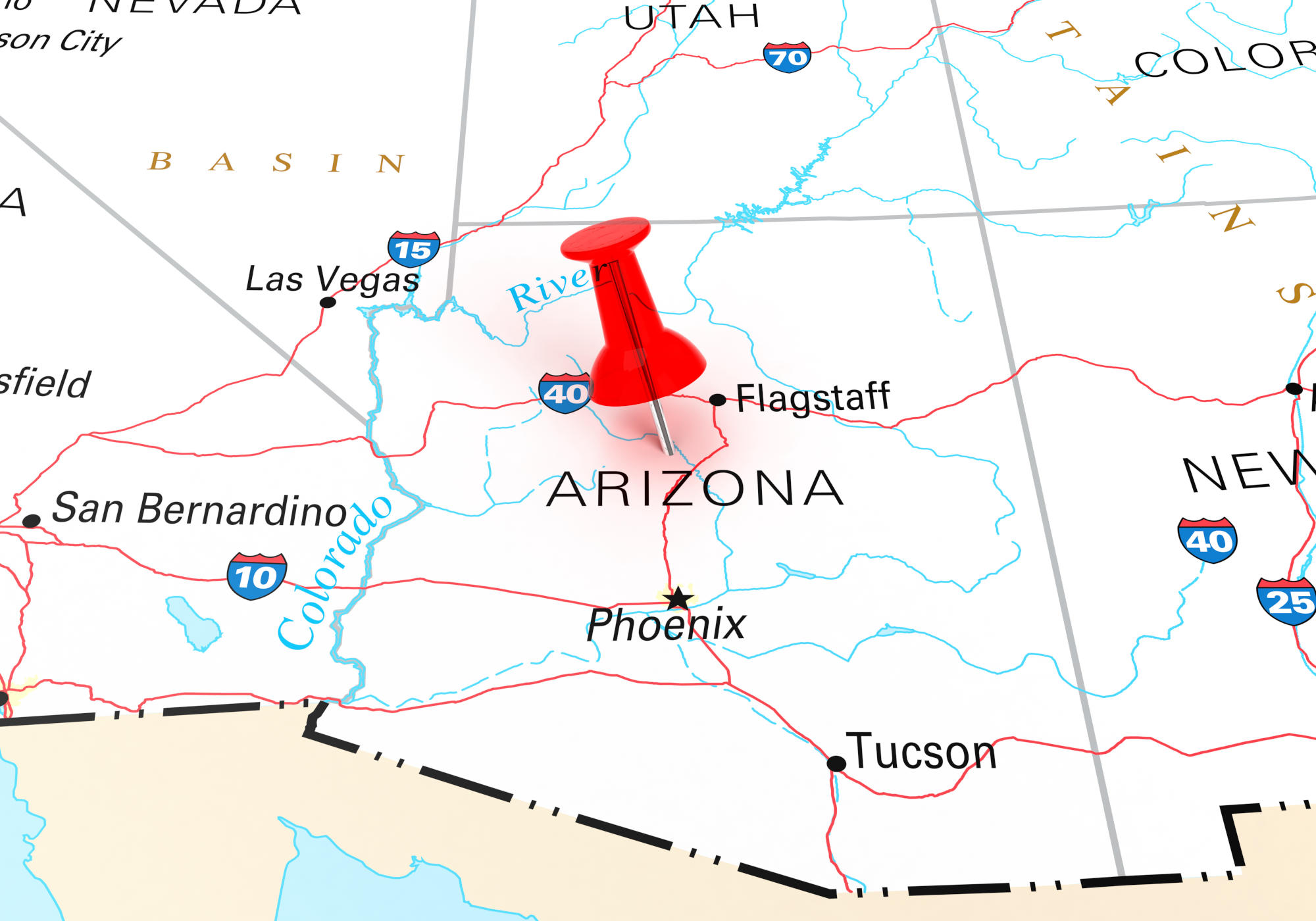 Red Thumbtack Over Arizona, Map is Copyright Free Off a Government Website - nationalatlas.gov